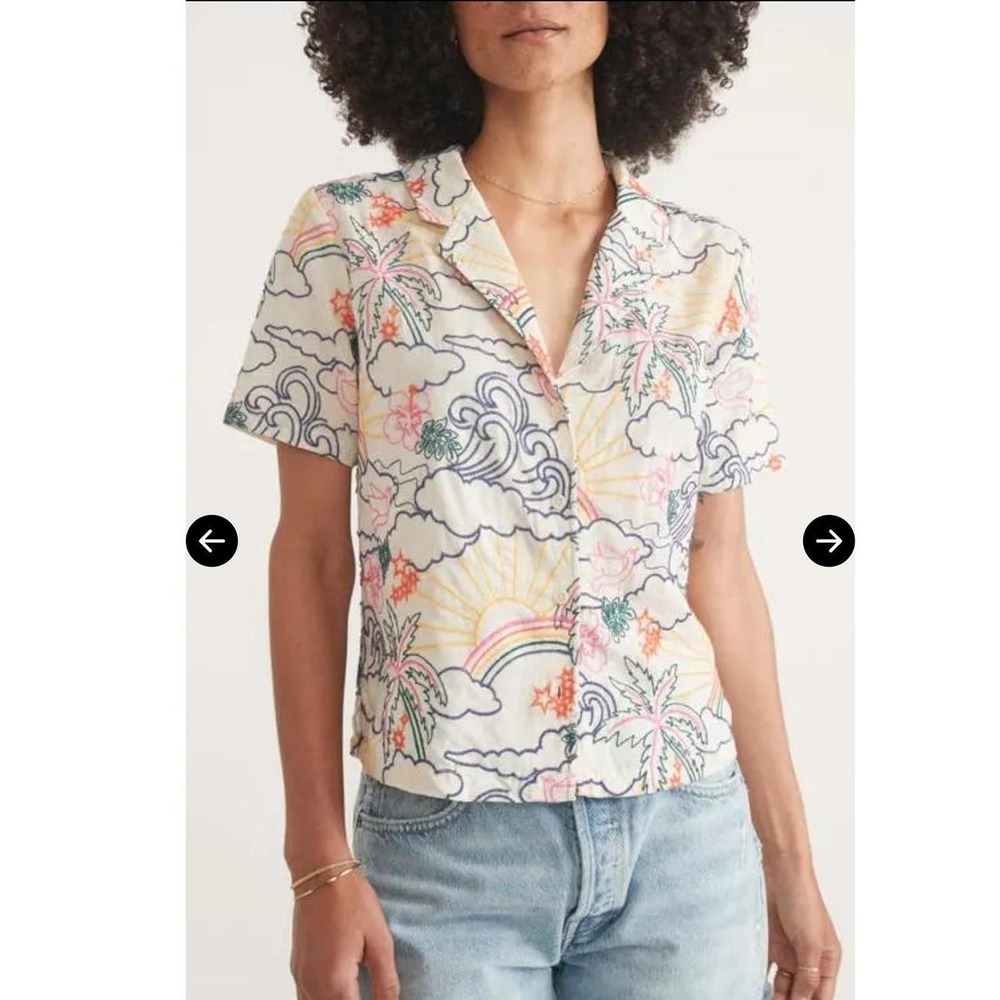 Marine Layer Embroidered Tropical Camp Shirt Large Tencel Linen Rainbow Palm